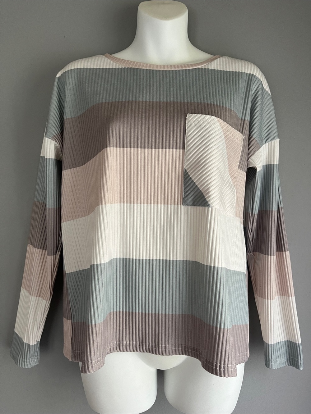 Cable Ribbed Striped Long Sleeve Tee in Cream, Taupe & Sage
